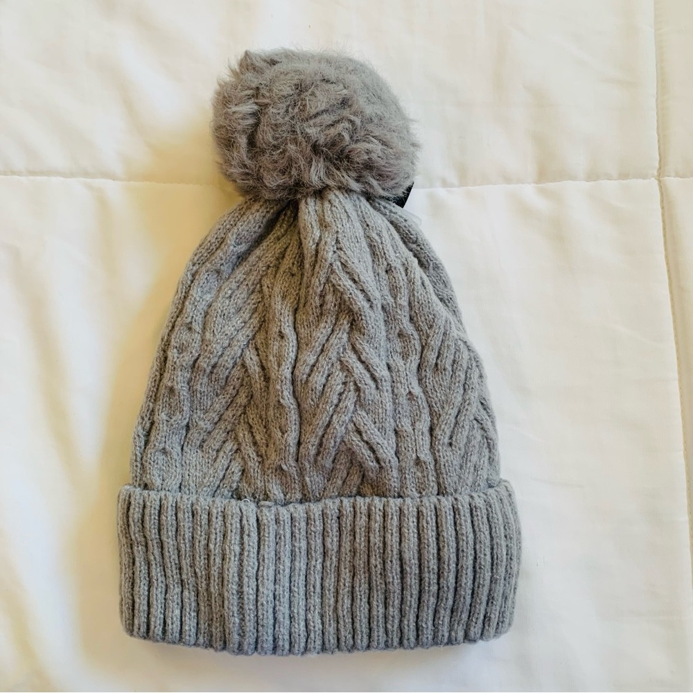 Minky Accessories Gray Cable Knit Pom Pom Fleece Beanie